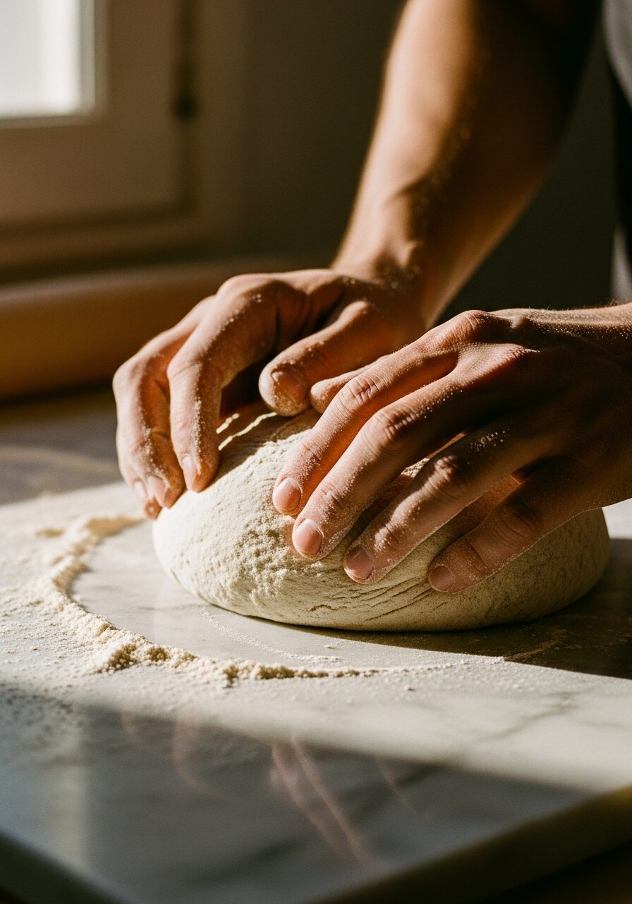 Flour-dusted hands shaping a round of dough