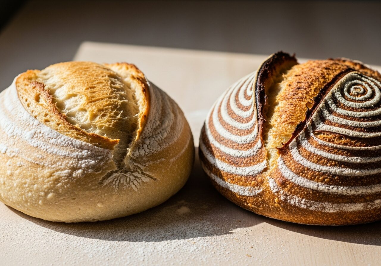 A soft golden yeast loaf beside a deeply scored sourdough boule