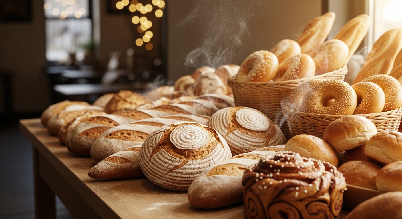 Freshly baked artisan breads and pastries on a warm bakery counter