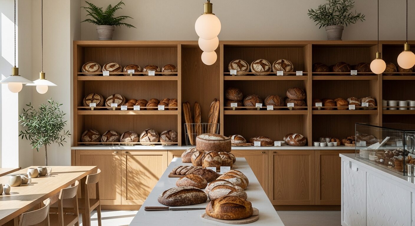 Warm, inviting artisan bakery interior