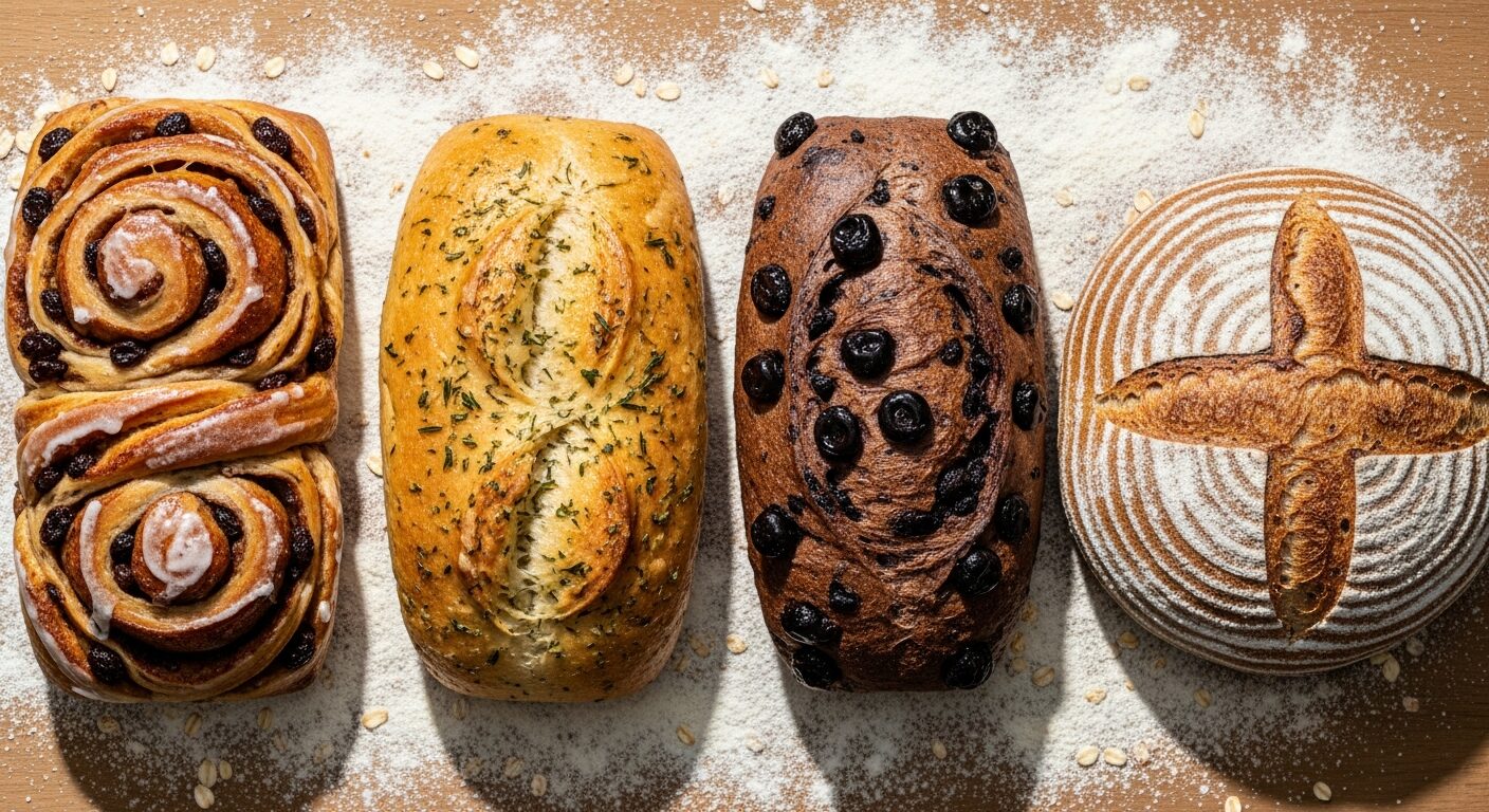 A row of artisan bread loaves in different flavors