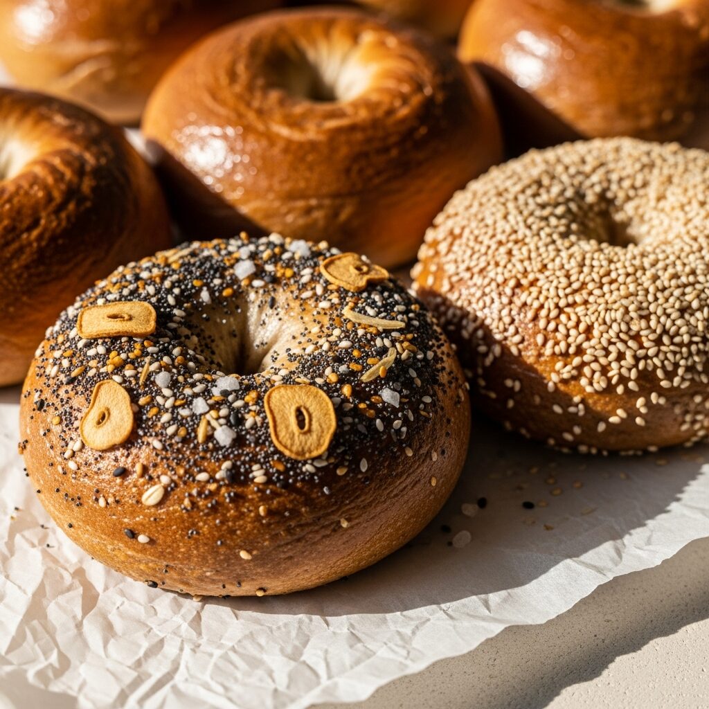 Golden bagels with everything and sesame toppings