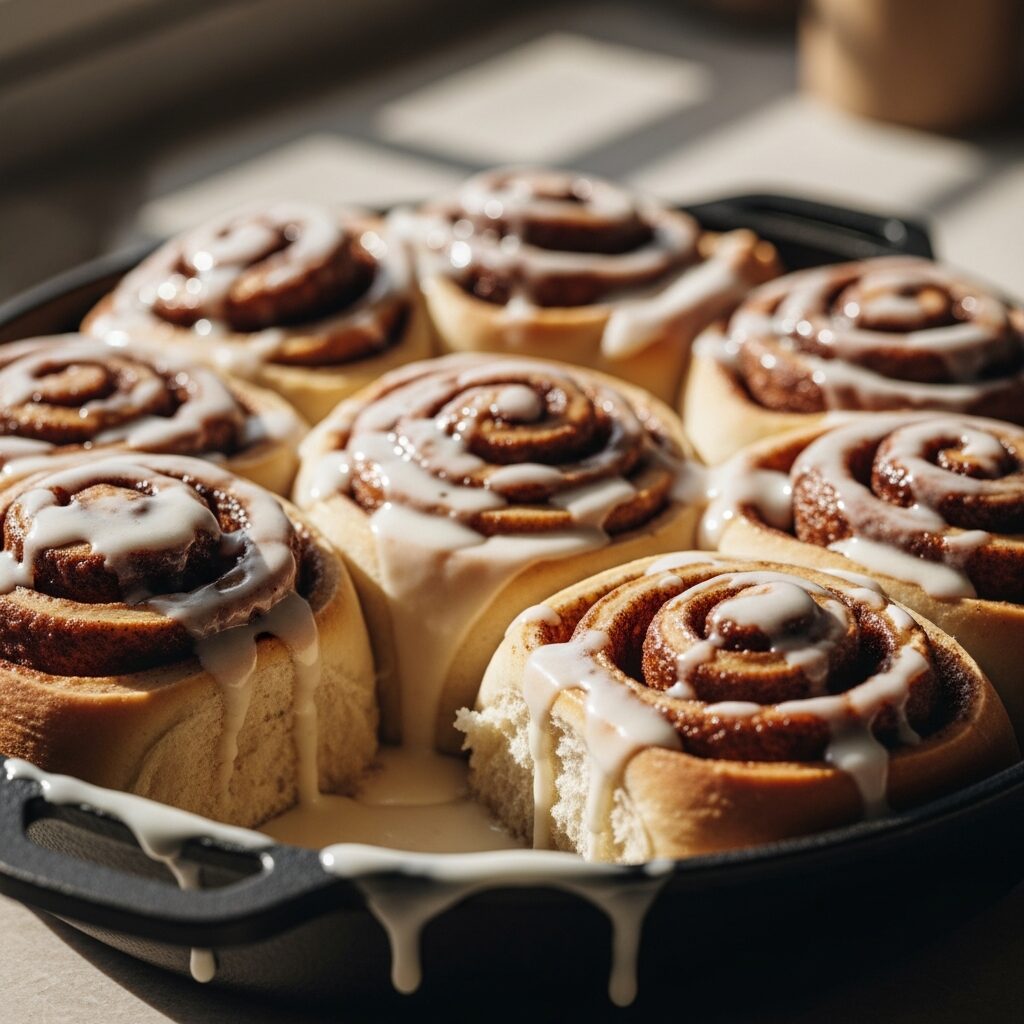 Cinnamon rolls with cream cheese glaze in a pan