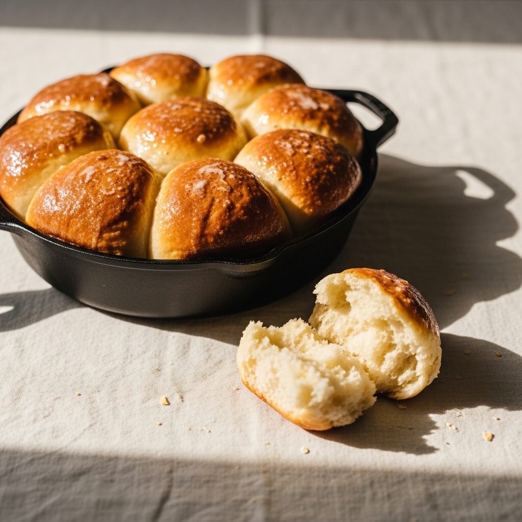 Golden pull-apart dinner rolls in a cast-iron pan