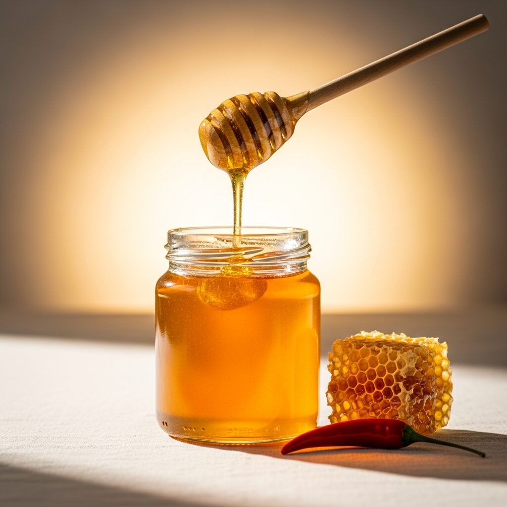 A jar of hot honey with a wooden dipper and honeycomb