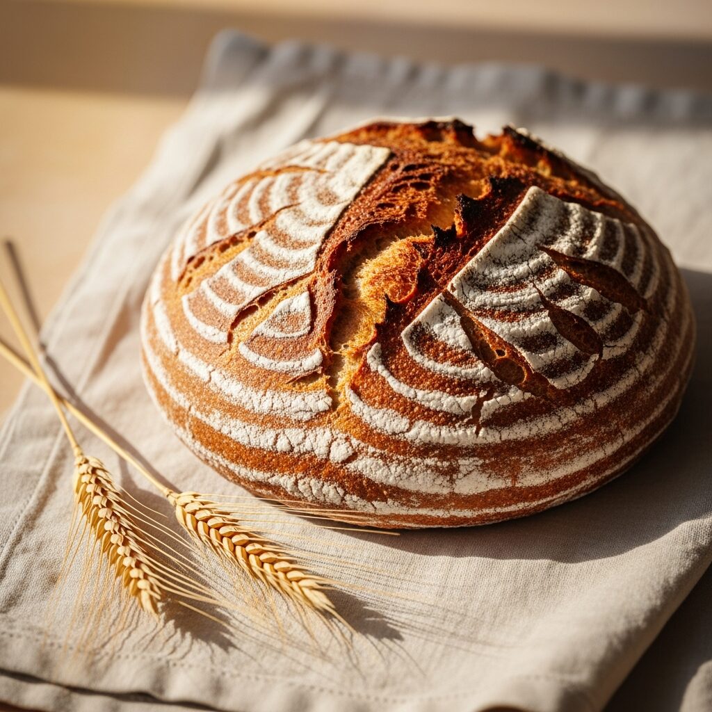 Rustic artisan sourdough boule with a scored crust
